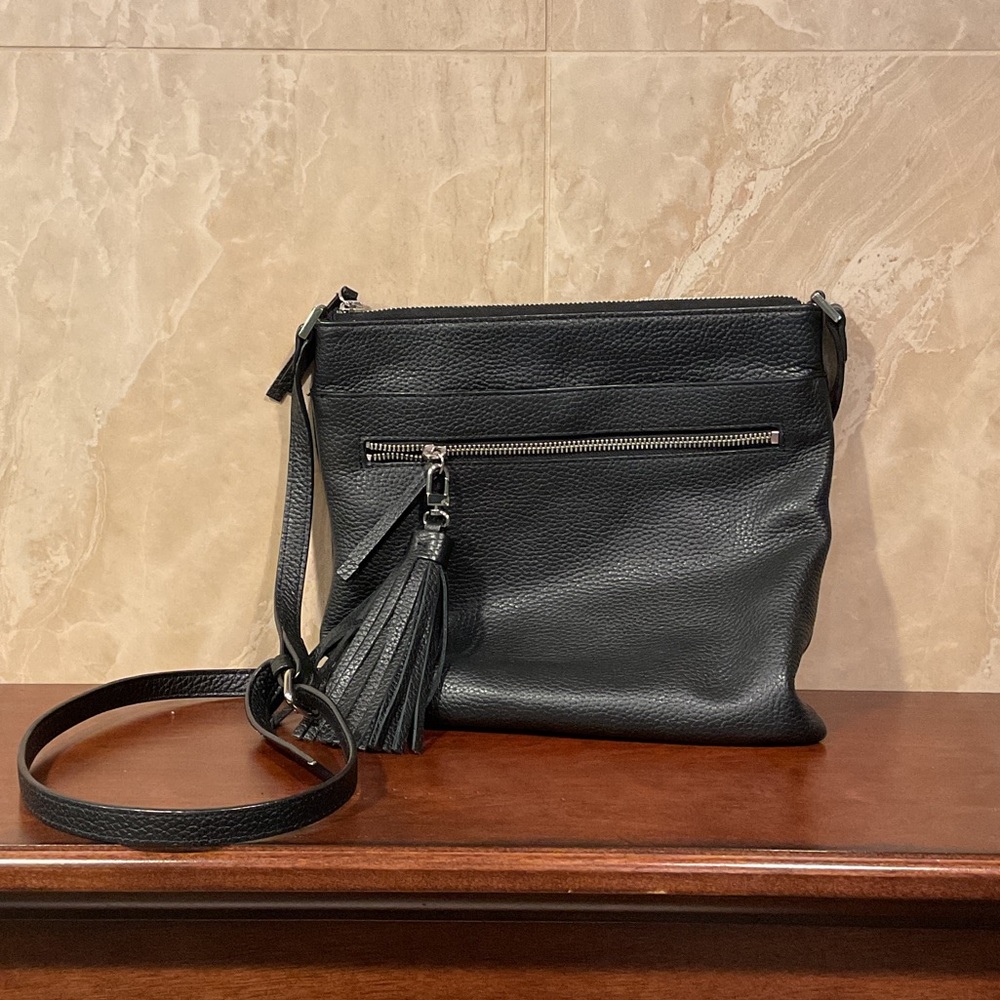 Halogen Black Pebbled Leather Crossbody Bag